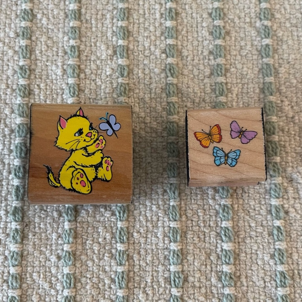 Wooden Stamps - Set of 2 - Three Butterflies & Kitten with Butterfly